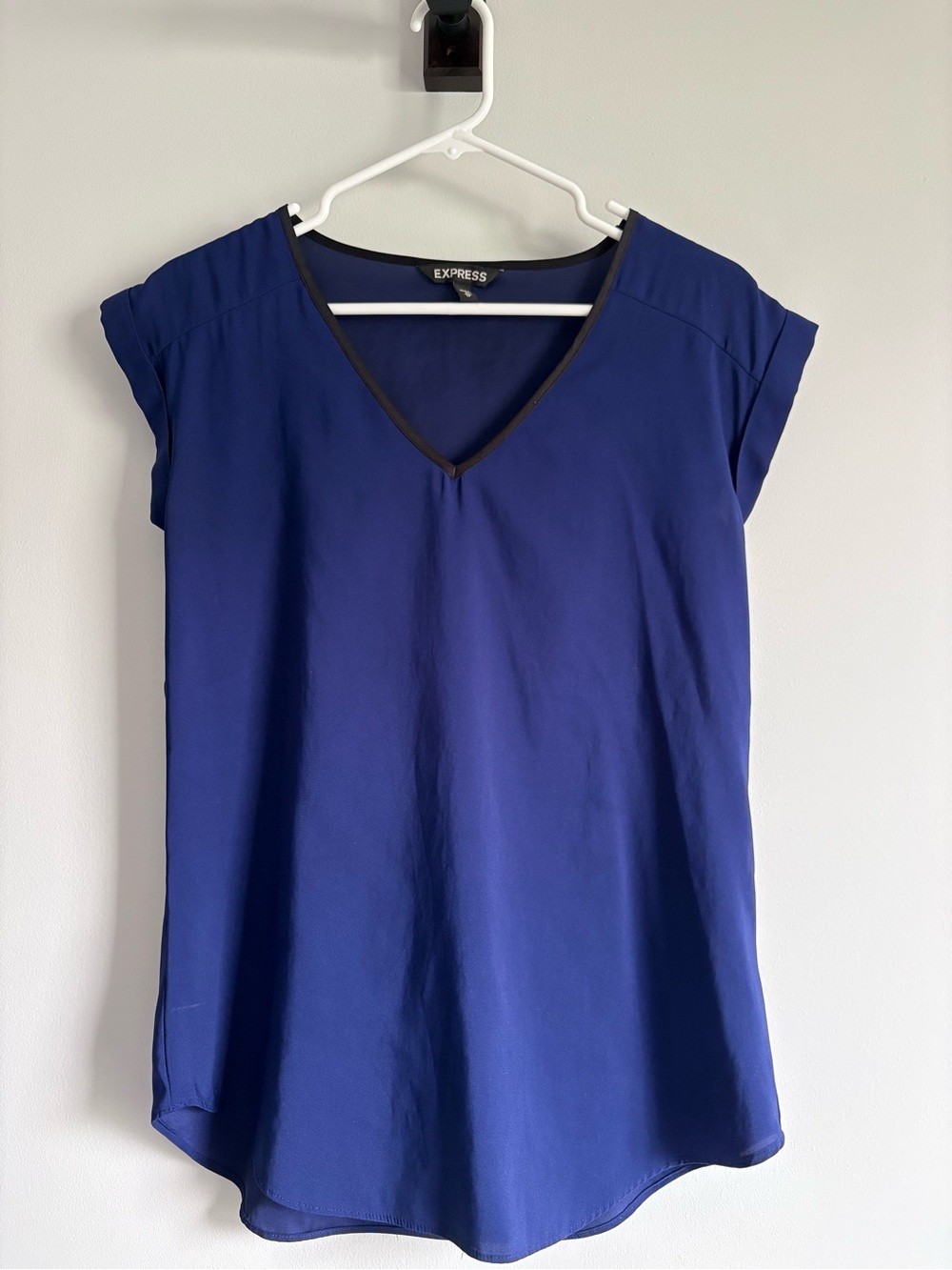 Express Royal Blue V-Neck Cap Sleeve Blouse with Black Trim